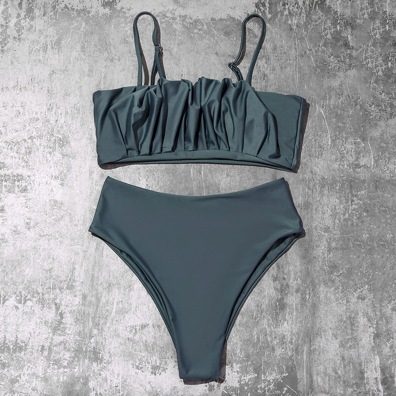 Solid Sexy 2021 Pleated High Waist Bikini Women&#039;s Split Swimsuit-image-678363877