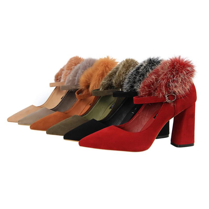 

Dress Shoes Spring Autumnr Women Pumps Fur Buckle Strap Pointed Toe Dancing Chunky High Heel Sexy Party Wedding Black Talon Femme, As picture
