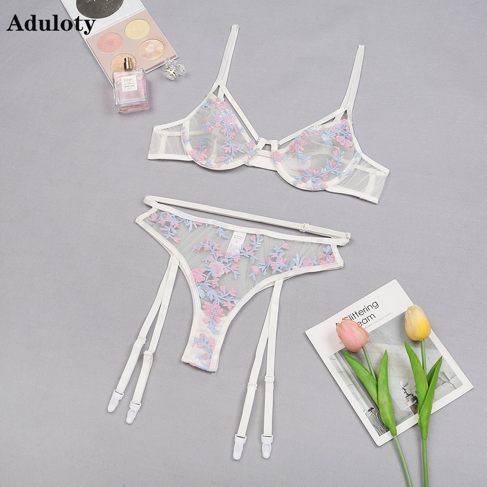 

new pattern Sexy Bralette Sets For Women Lingerie bras Embroidered lace Garter Sexy Set Transparent Bra And Thongs Underwear Set, Red