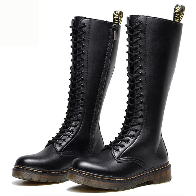 Boots Women's High Autumn And Winter 20-hole Black Leather Side Zipper British Knight Flat-bottomed Thin Middle