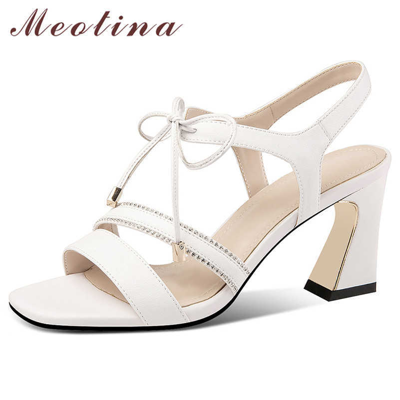 

Meotina Women Shoes Ankle Strap Natural Genuine Leather Sandals Square Toe Crystal Lady Shoes Thick High Heels Sandals Summer 210608, Beige