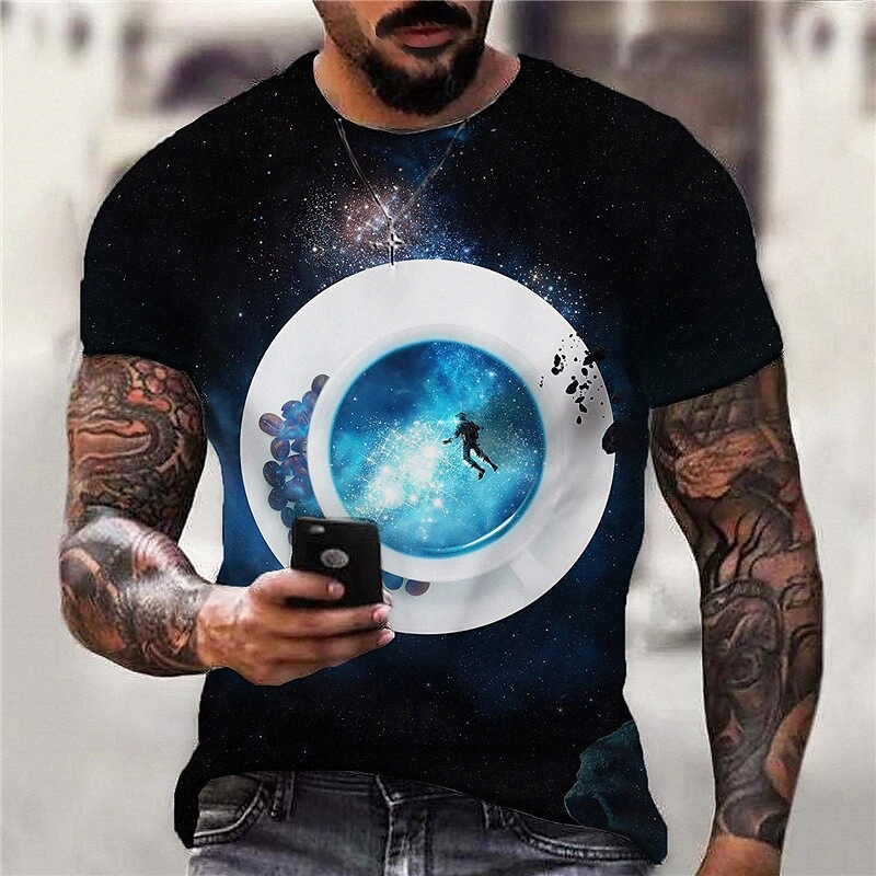 Men's T shirt 3D Print Galaxy Graphic Astronaut Crew Neck Daily Sports Print Short Sleeve Tops Casual Classic Designer Big and Tall White Black