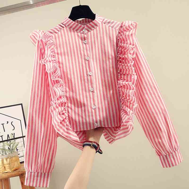 

Unique Design Autumn Fashion Women' Ruffles Stripe Long Sleeves Shirt Ladies Shirts Girls Blouse Tops A3726 210428, Beige