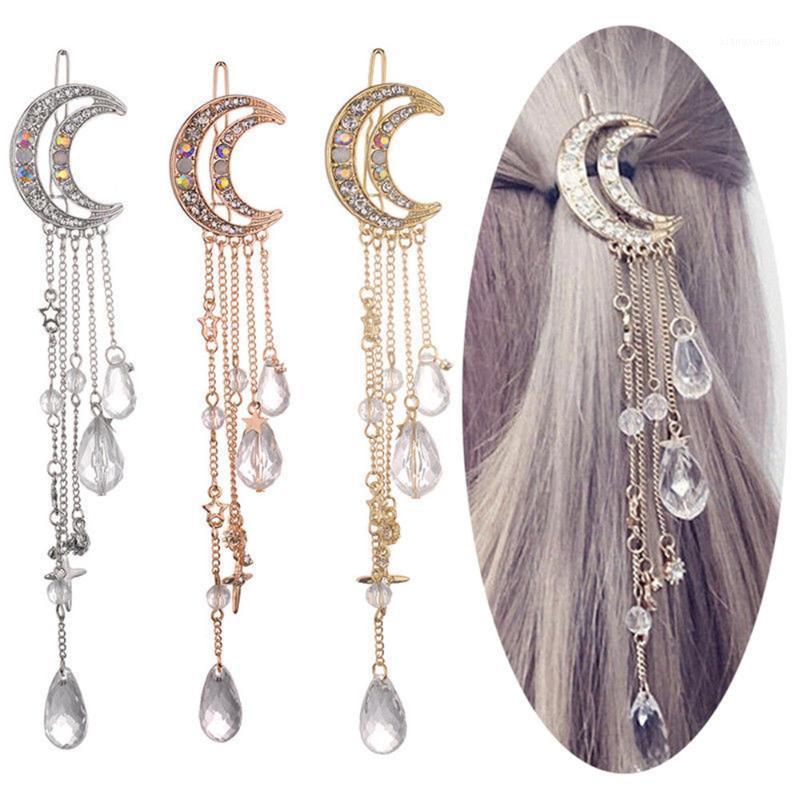 

Fashion Elegant Women Hair Jewelry Lady Moon Rhinestone Crystal Tassel Long Chain Beads Dangle Hairpin Clip Clips & Barrettes, Golden;silver