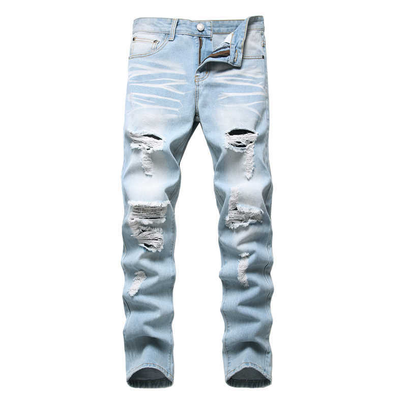 

Denim Trousers Straight Washed with Pleated Ripped holes button skinny biker jeans blue 2020 slim fit jeans men pants X0621, 330