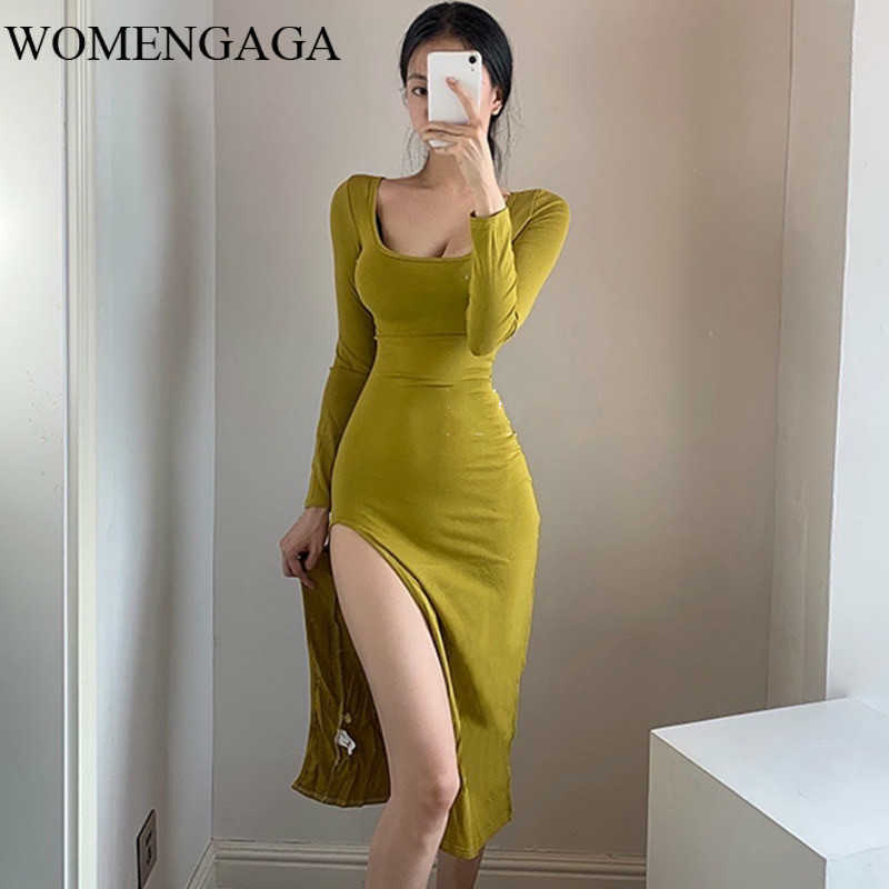 

WOMENGAG Temperament Goddess High Waist Show Thin Package Slim Hip Square Collar Low Chest Autumn Full Sleeve Dress Dresses Y4SD 210603, Mustard