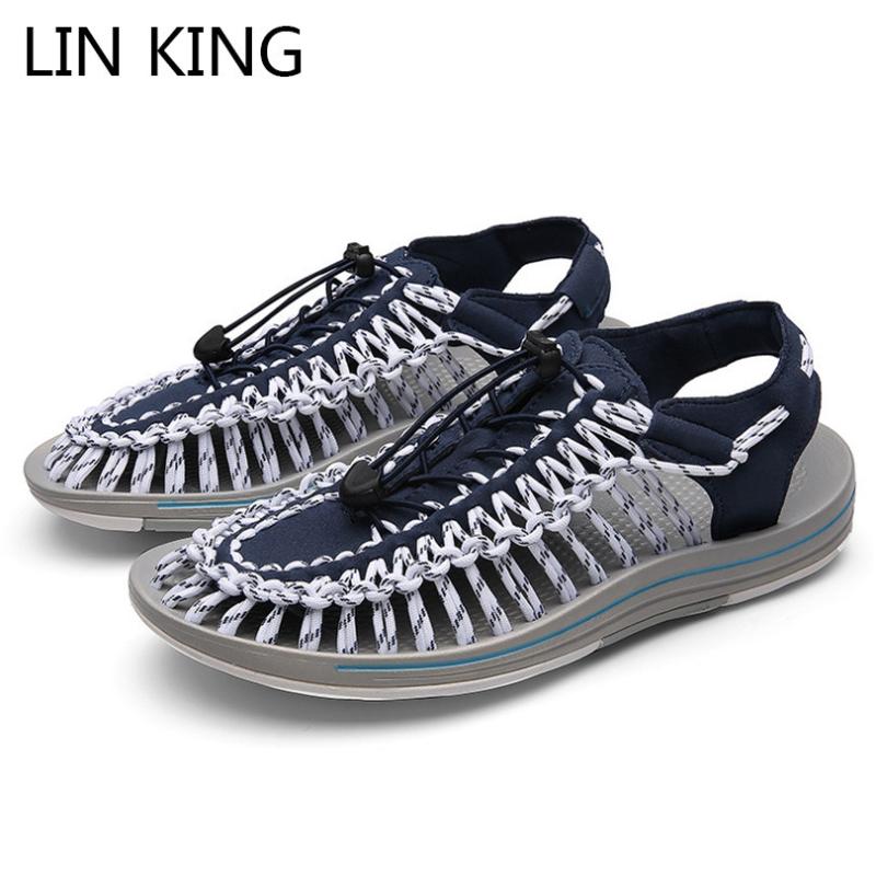 

Sandals LIN KING Deisgn Men Summer Gladiator Shoes Breathable Knitting Flats Anti Skid Outdoor Beach For Male, Black