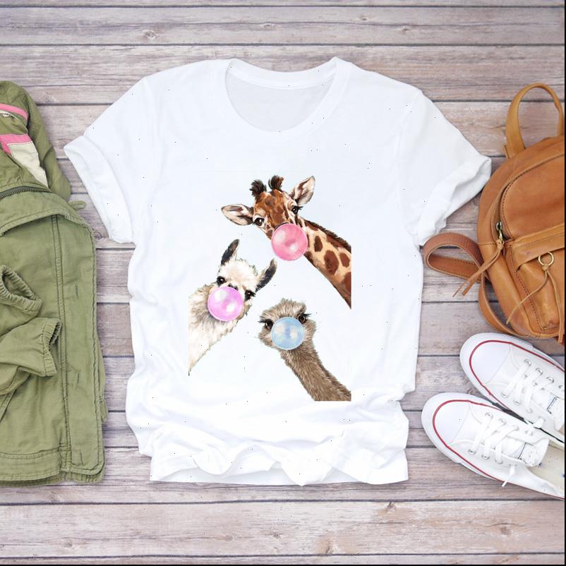 

cartoon giraffe funny animal womens 90s short sleeve print graphic, White