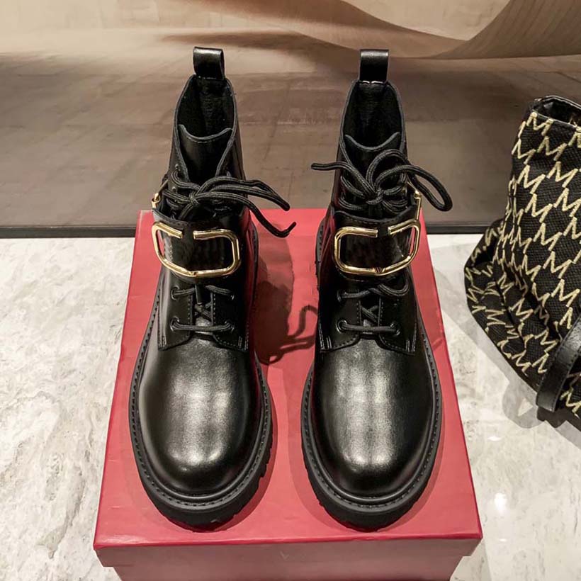 

Fashion Brand Designer Boots Lace Up Ankle Boot Martin Women Black Leather Combat High Heel Winter Booties Quality With Box, #6