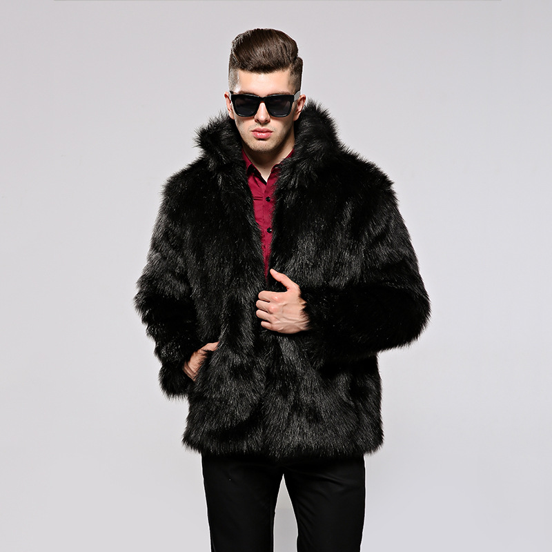 

Men's Fox Fur Coat Jacket Coats Faux Furs Coats Long Sleeve Stand Collar, Black