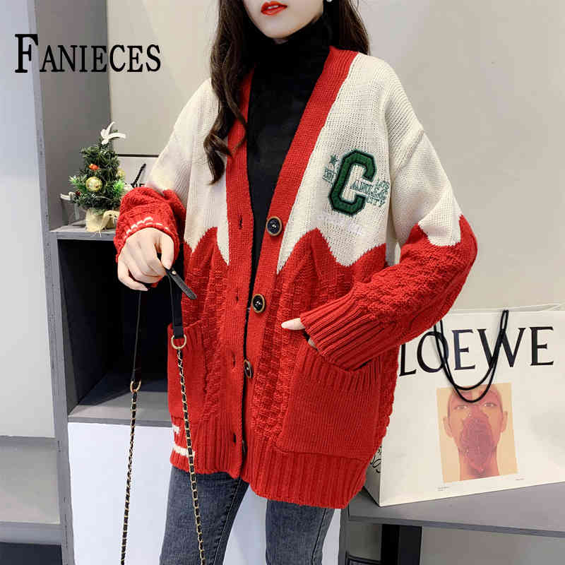 

Autumn V-neck Letter Knit Cardigan Women' Single-breasted Loose Long Sleeve Pocket Sweater Jacket sweater coat 210520, Red