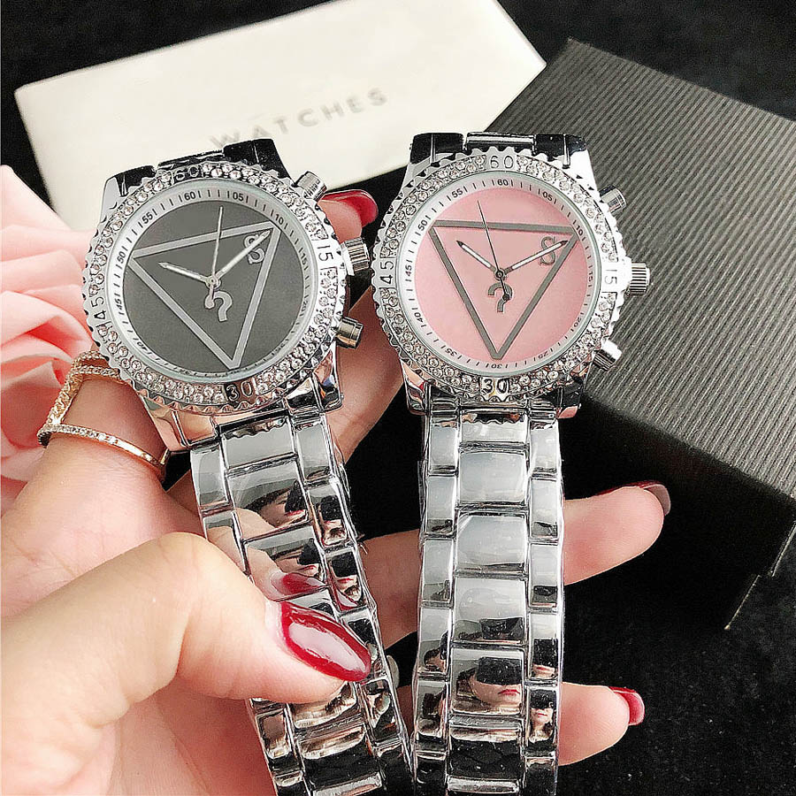 

Brand Watches Women Lady Girl Diamond Crystal Triangle Question Mark Style Metal Steel Band Quartz Wrist Watch GS 46, Rose gold