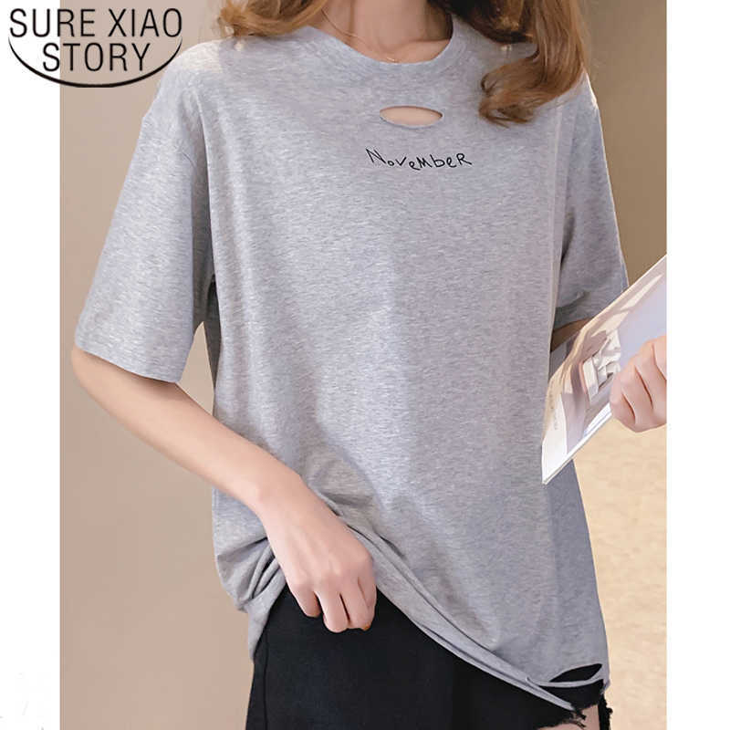 

Early Spring and Summer Female Solid Color Simple Style Casual T-Shirt Holes Loose Korean Short Sleeve T-shirt 8814 50 210527, White