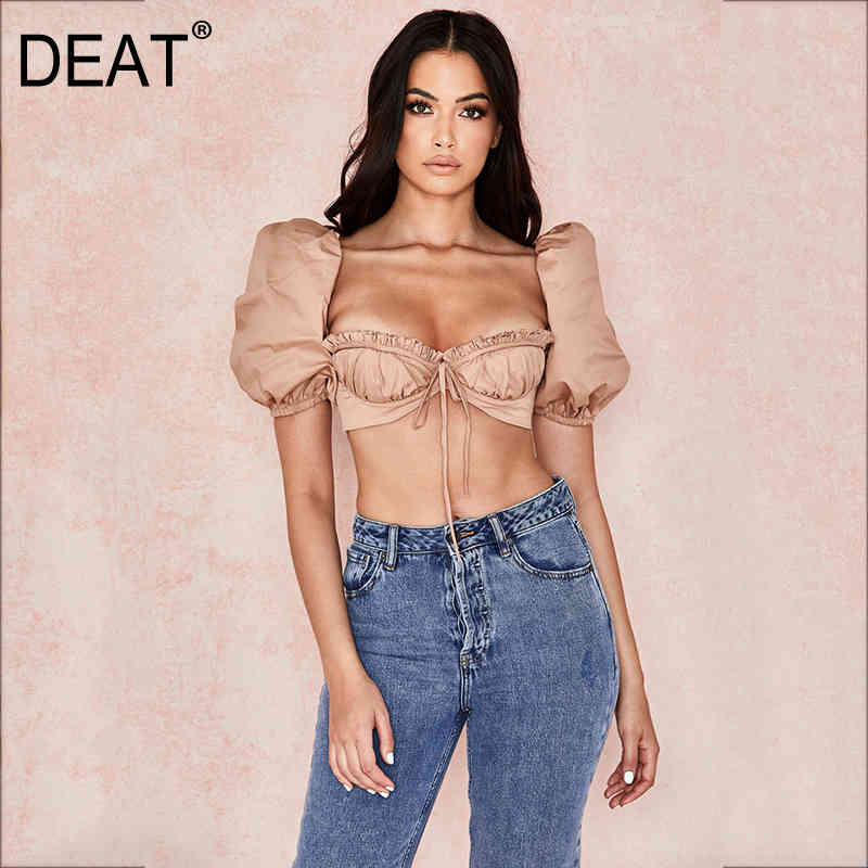

Women Ruffles Bult Backless T-shirt Arrivals Solid Color Square Collar Short Puff Sleeve Fashion Summer 11D259 210525, Khaki