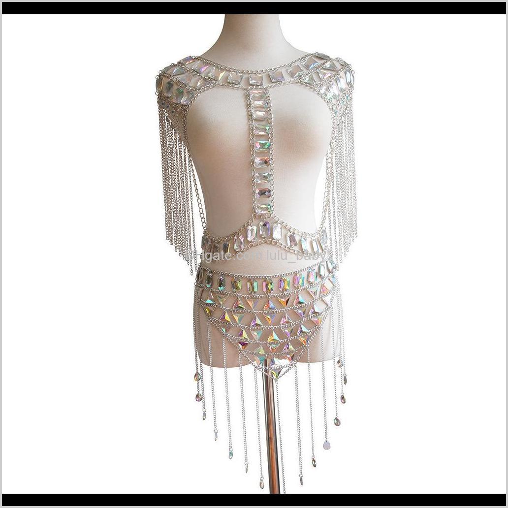 

High Quality Glittering Very Beautiful Colorful Acrylic Crystal Tassel Fashion Sexy Bra Skirt Set Waist Body Chain Jewelry Gold Hqr0Y He9Vz