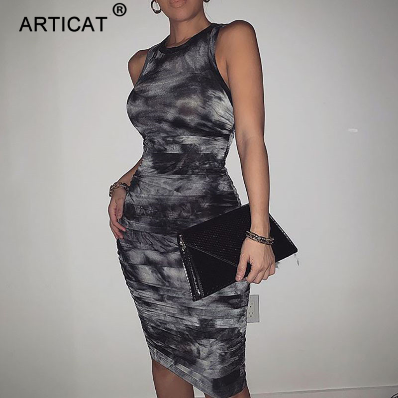 

tie-dye print ruched dress women o-neck knee-length dresses ladies winter skinny partywear women elastic vestidoshigh quality, Black;gray