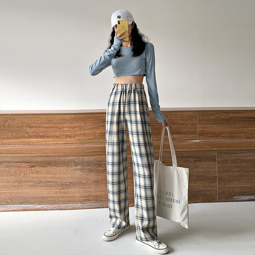 

summer spring high waist women capri wide leg trousers vintage plaid print pants casual korean elastic loose, Black;white
