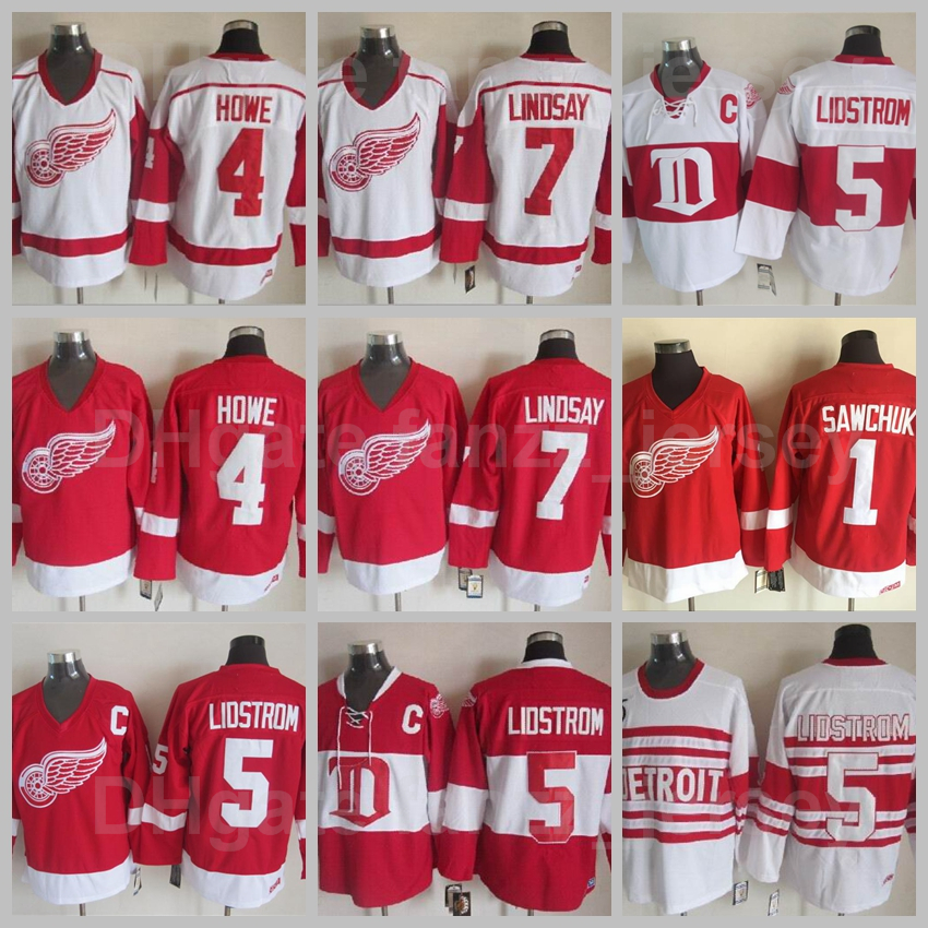 

Vintage Classic Detroit Red Wings 5 Nicklas Lidstrom Jersey Retro Ice Hockey 4 Gordie Howe 1 Terry Sawchuk 7 Ted Lindsay 75th Year, Black;red