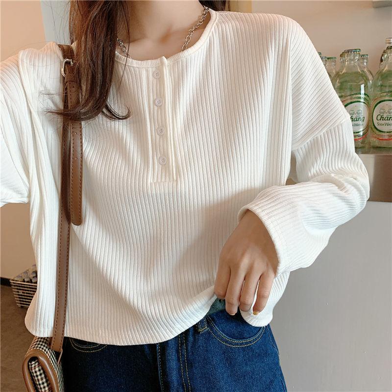 

Women's T-Shirt Casual Knitted Woman Tshirts Rib Solid Long Sleeve Button Up Vintage Streetwear Shirts Sexy Tops Ropa Para Mujer 122571WTA, White