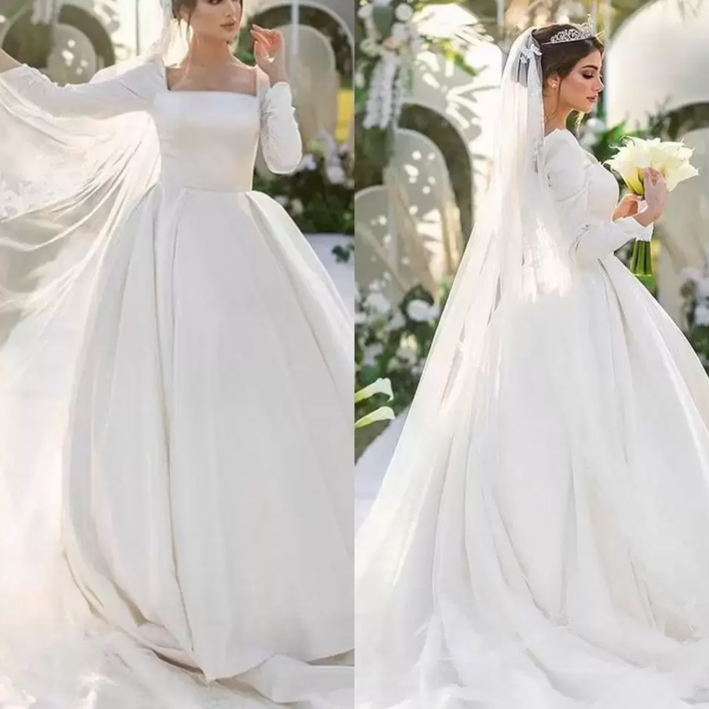 

Vintage Satin Wedding Dresses Bridal Gown with 3/4 Long Sleeves Square Neck Covered Buttons Back Custom Made Plus Size Vestidos De Novia Swe, White