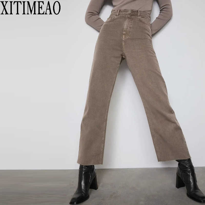 

ZA High Waist Loose Comfortable Jeans For Women Fashionable Casual Straight Pants Basic Army Green 210604