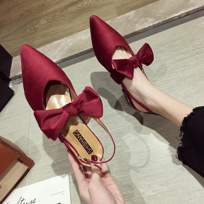 

Wild Pointed Thick With Bow Women High Heels Tie Strap Single Shoes Baotou Sexy No Heel Sandals Female, Red wine