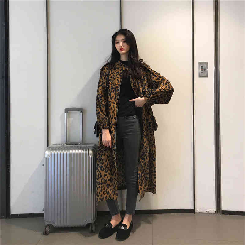 

women's trench coats female casual leopard trench coat oversize vintage spring jacket outward clothing f26 6l20, Tan;black
