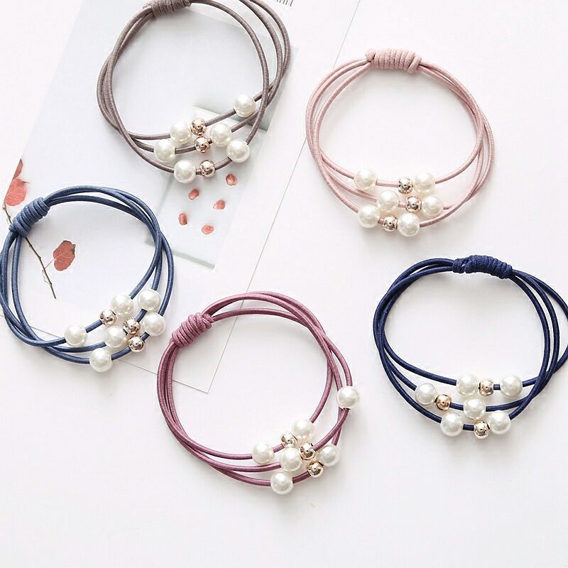 

F dress B Korean Hair Ring Accessories Girls Elastic Ties Multi Layer with Pearls Rope Hairband, Slivery;white