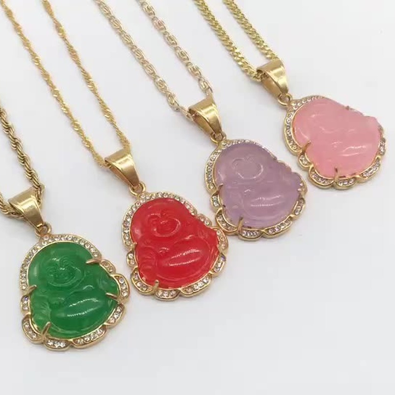 

Stainless Steel Crystal Laughing Religious Maitreya Carved Jade Buddha Pendant Necklace