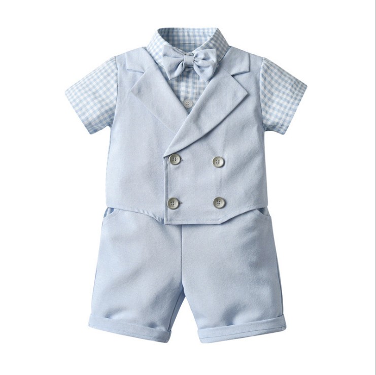 

Two-Piece Set For Baby Boys Gentleman Style Clothing Sets Summer Boy Short Sleeve Plaid Shirt With Bowtie+Shorts Kids Suits Children Outfits, Sky blue