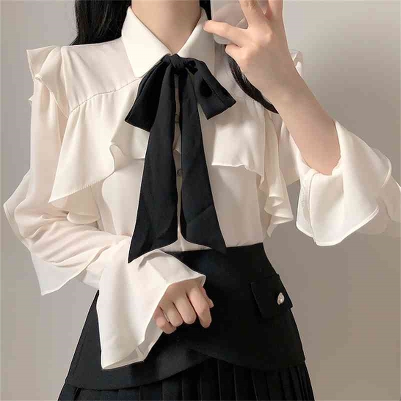 

Autumn Sweet Ruffled Women Tops Bow tie Solid color Chiffon shirt Turn down collar Occupation blouse blusa feminina 210517, Beige