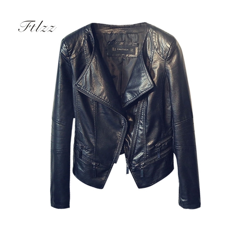 

Ladies Leather Jackets Spring Autumn Slim Long Sleeved Turn-down Collar Black Female Biker Motorcycles Short Coats 210525