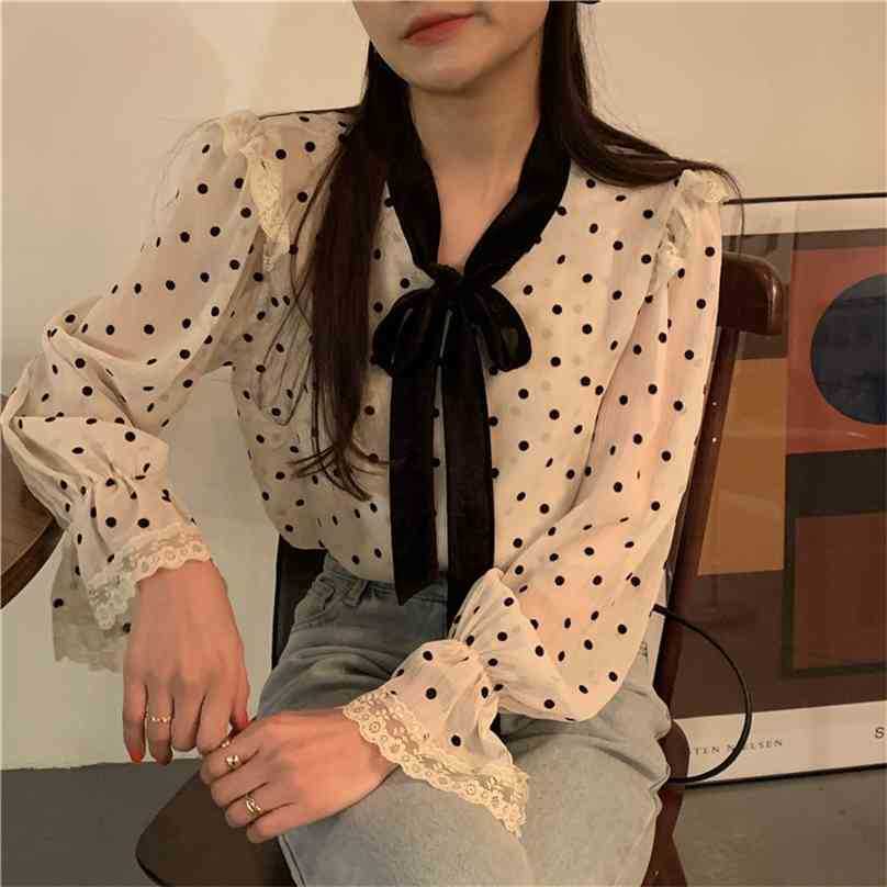 

Vintage Polka Dots Female Lace-Up Chic Stylish Women All Match Retro Tops Shirts Sweet Fashion Blouses 210525, Photo color