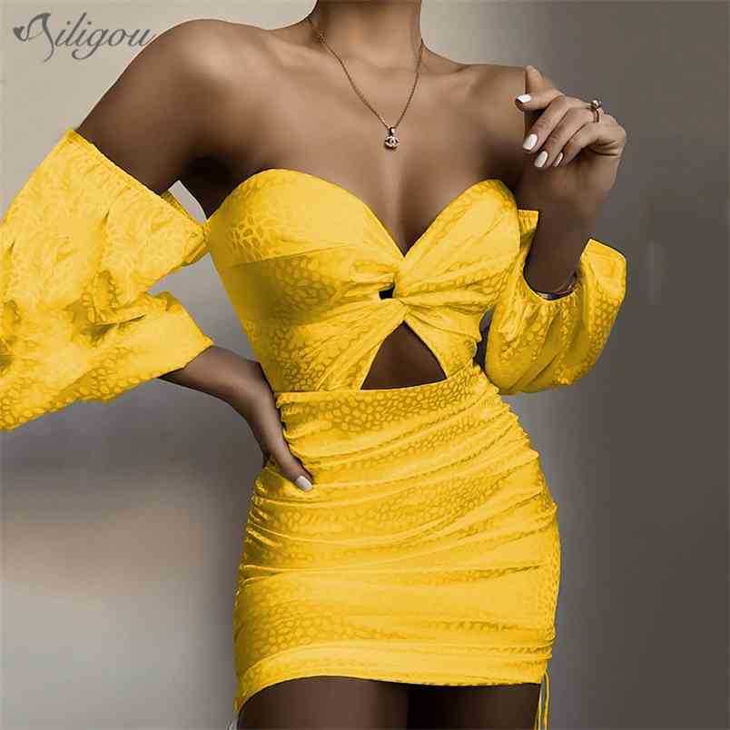 

Women's White Yellow Slash Neck Short Sleeve Hollow Pleated Celebrity Sexy V-neck Strapless Mini Club Party Dress 210525