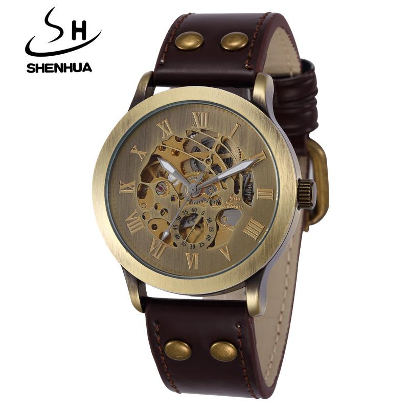 

Free Shiping 2021 Shenhua Fashion Bronze Vintage Men Watches Men's Skeleton Stainless Steel Automatic Mechanical Wristwatches, 9269brown