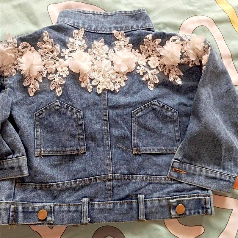 

Jackets 4-12 Years Kids Denim For Girls Baby Lace Flowers Coats Spring Autumn Fashion Child Outwear Ripped Jeans, Blue;gray