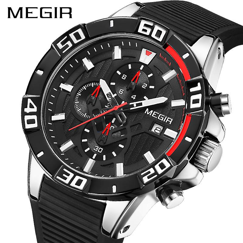 

Wristwatches MEGIR Chronograph Sports Watch Men Big Dial Waterproof Military Quartz Wrist Man With Silicone Strap Drop, Slivery;brown