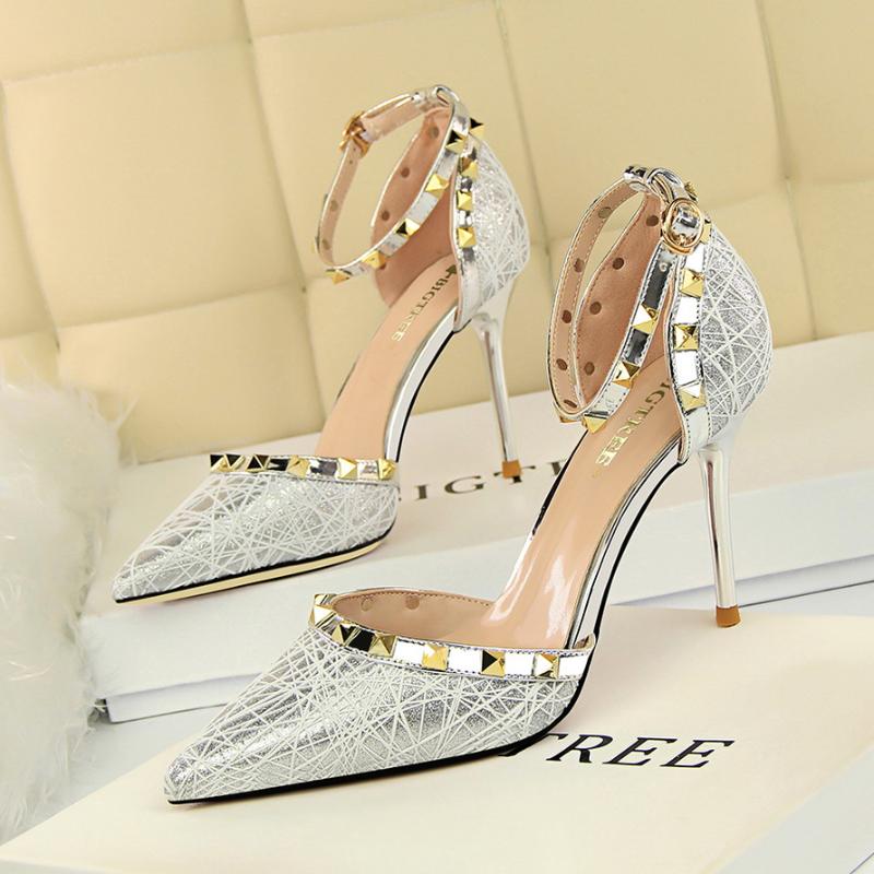 

Ladies Sandals Rivet Pumps Ankle Strape 2021 Spring Summer Woman Shoes Gold High Heels 9cm Plus Size, Black