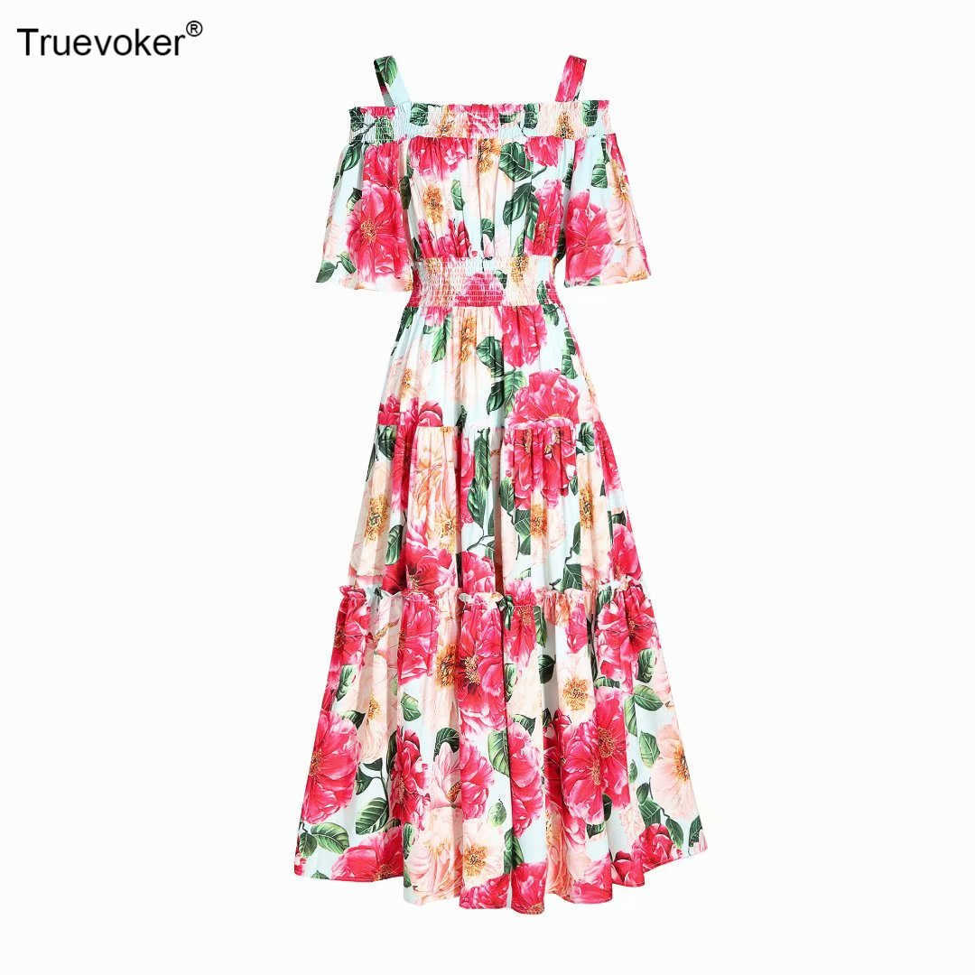 

Truevoker Summer Runway Fashion Maxi Long Holiday Dress Lady Floal Print Elastic Waist Ankle Length Spaghtti Strap 210602, Multi