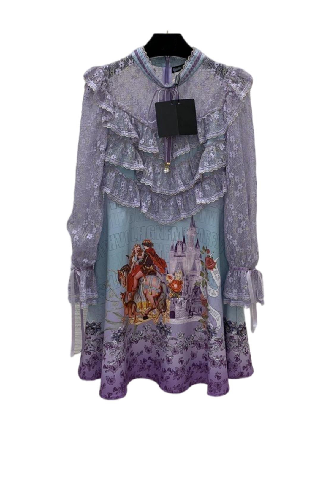 

Milan Runway Dress 2022 New Spring Summer Stand Collar Flare Sleeve Fashion Designer Dresses Brand Same Style Dress 1218-06, Purple