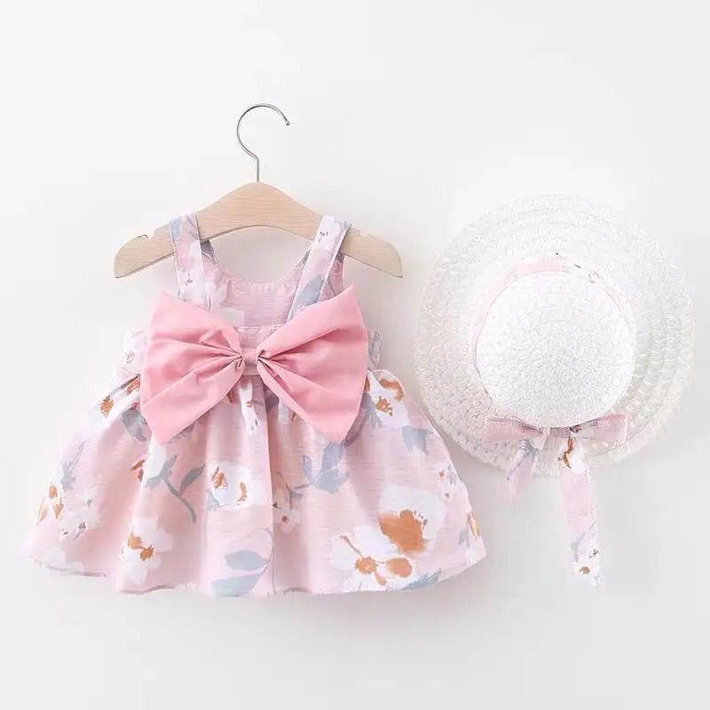 

Girl's Dresses Toddler Girls Floral Dress + Hat Sets Cute Baby Summer Cotton Soft Children's Clothing Comfortable Casual Kids Bow Robe, Pink dresses