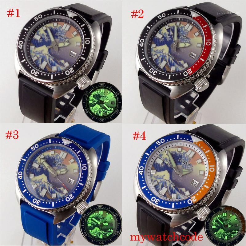

45mm 24 Jewels NH35A Mechanical Automatic Men Watch Luminous Wave Pattern Dial Rubber Strap Calendar 4Models Screw Down Crown Wristwatches, No.1 nologo type