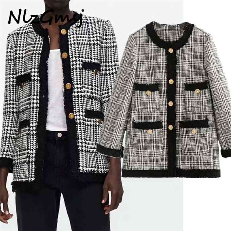 

Jacket Women Retro Check Twill Tweed Fashion O-Neck Long Sleeve Single Breasted Pocket Loose Cardigan 210628, As picture