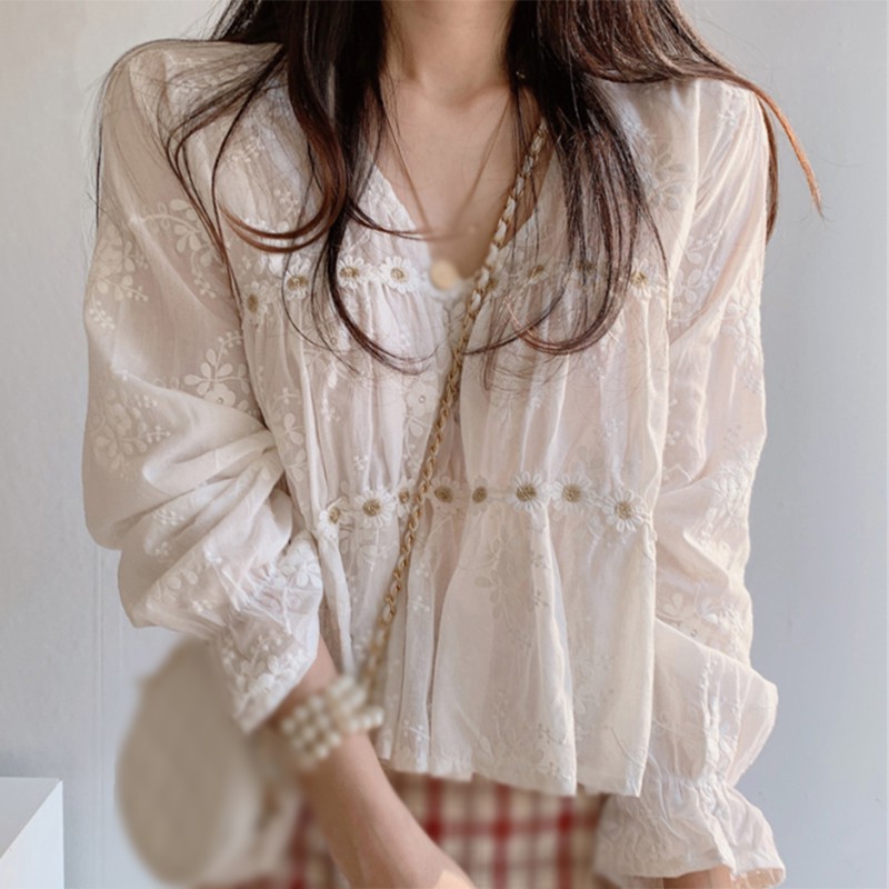 

Chic Hollow V-neck Blouse Korean Fashion Flower Blouses Women Spring Autumn Long Sleeve Shirt Tops, White