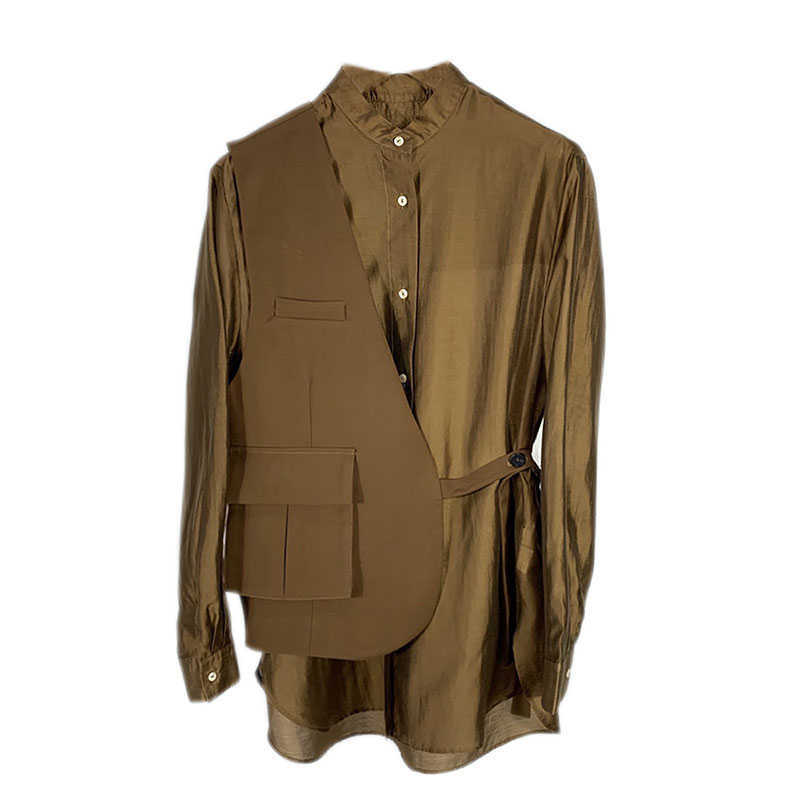 

Design Spring Autumn Patchwork Vest Two-piece Full Solid Shirt Women 210615, Brown