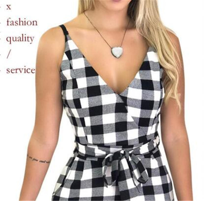 Rompers V Neck Playsuits Plus Size Casual Overalls Fashion Plaid Bow Jumpsuits Sexy Spaghetti Strap Sleeveless Summer-image-678810008