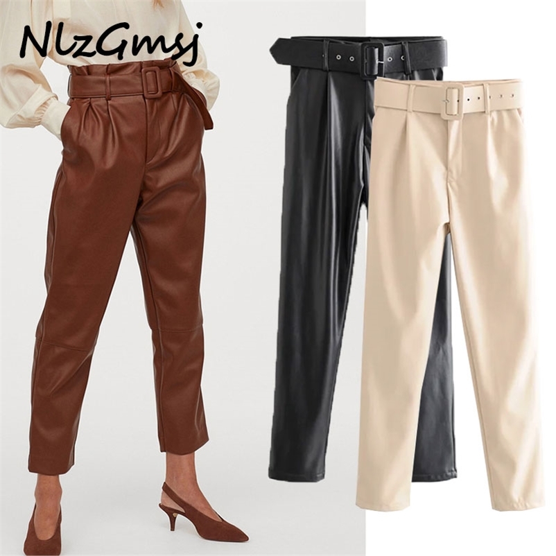

Women Chic Fashion With Belt PU Faux Leather Pants Vintage High Waist Zipper Fly Female Ankle Trousers Mujer 210628, Begie