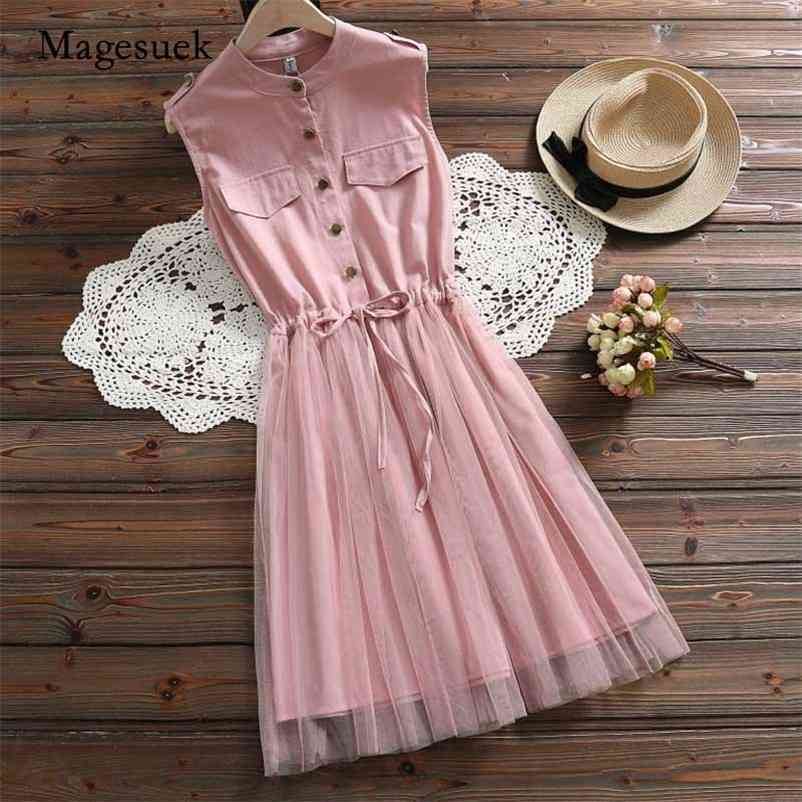 

Summer Casual Cotton Mesh Brick Red Blue Belt Waist Vestidos Dress Sleeveless Women Lace Party Fashion Clothing 3518 50 210518, Pink
