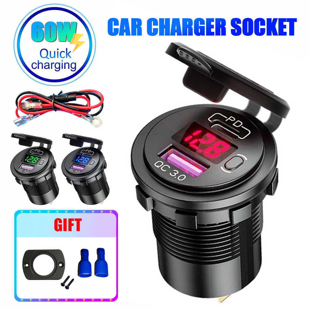 

60W PD Type C/QC 3.0 USB Charger with button Switch LED Voltmeter Power Outlet Fast Charging for 12V 24V Car Truck Motorcycle RV Car