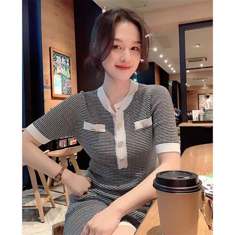 

Fashion sexy dress women tight-fitting slim round neck mini skirt summer Korean fashion women's clothing 210520, Black and white